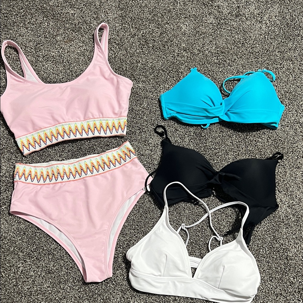 Pink High-Waisted Bikini Set with Colorful Trim